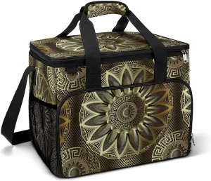 Retro Gold Geometric Greek Key Cooler Bag, Collapsible Soft Sided, Large Leakproof Camping Cooler, Portable Travel Cooler for Camping, Road Trips