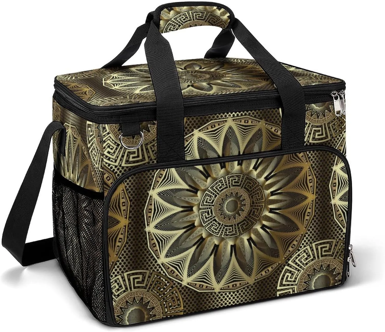 Retro Gold Geometric Greek Key Cooler Bag, Collapsible Soft Sided, Large Leakproof Camping Cooler, Portable Travel Cooler for Camping, Road Trips