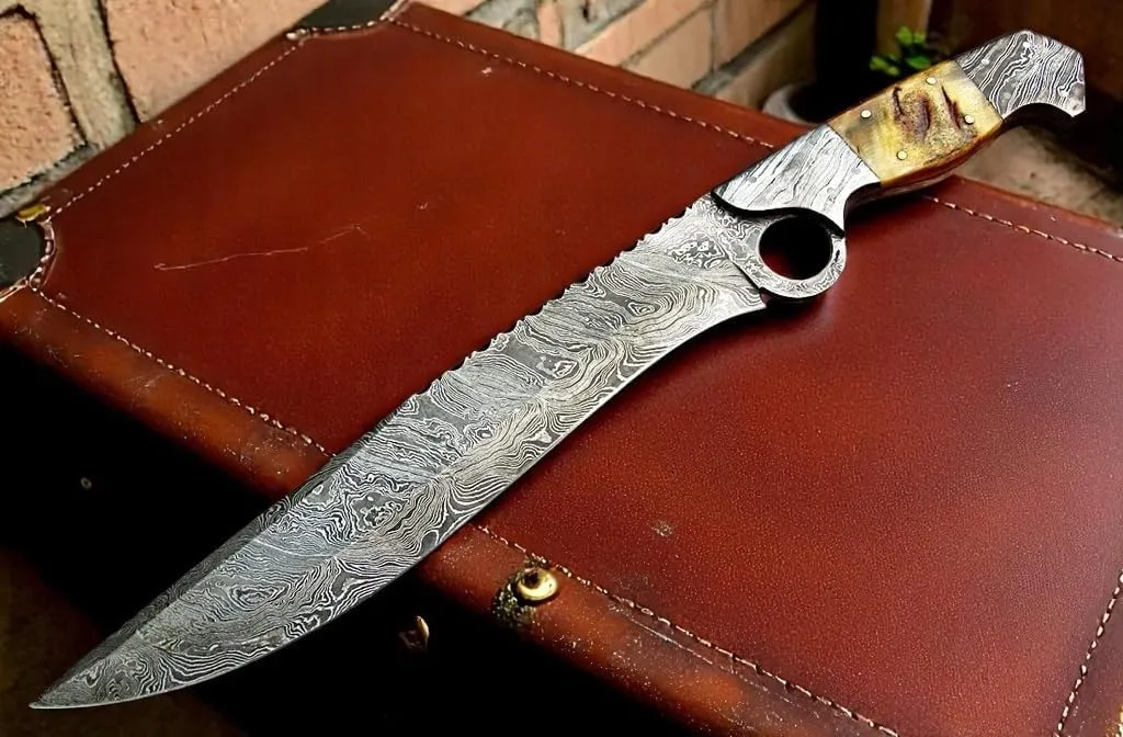 RG-213 Handmade Damascus Steel 15 Inches Bowie Knife - Beautiful Lamb Horn Handle with Damascus Steel Bolsters