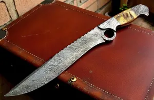 RG-213 Handmade Damascus Steel 15 Inches Bowie Knife - Beautiful Lamb Horn Handle with Damascus Steel Bolsters