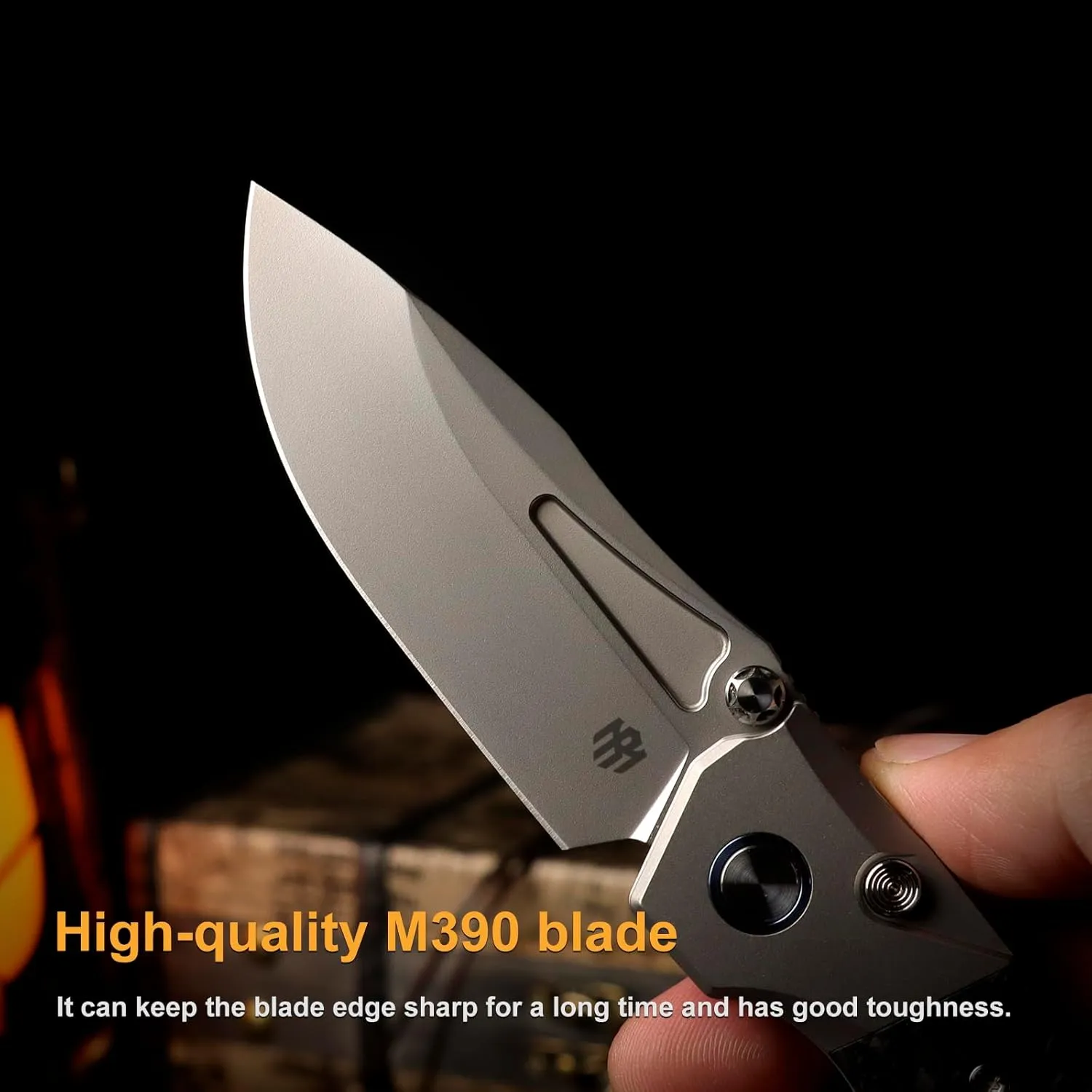 Rhino Series Pocket Knife, Pearlescent M390 Blade, EDC Button Lock Knife, Carbon Fiber Handle with Titanium Cilp, Sharp Fishing Camping Folding Knives (Copper foil carbon fiber)