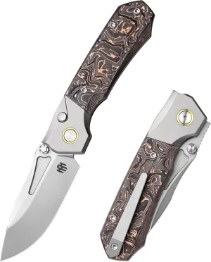 Rhino Series Pocket Knife, Pearlescent M390 Blade, EDC Button Lock Knife, Carbon Fiber Handle with Titanium Cilp, Sharp Fishing Camping Folding Knives (Copper foil carbon fiber)