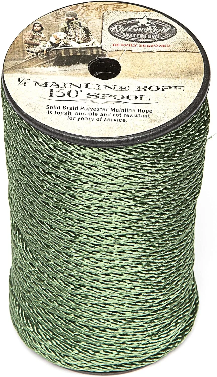 Rig'Em Right Waterfowl 1/4" Solid Braided Olive Green Polyester Utility Mainline Rope for Heavy Duty Decoy Line, Gang Rig Mainline Rope, Hunting, Camping, and More (150 Feet)