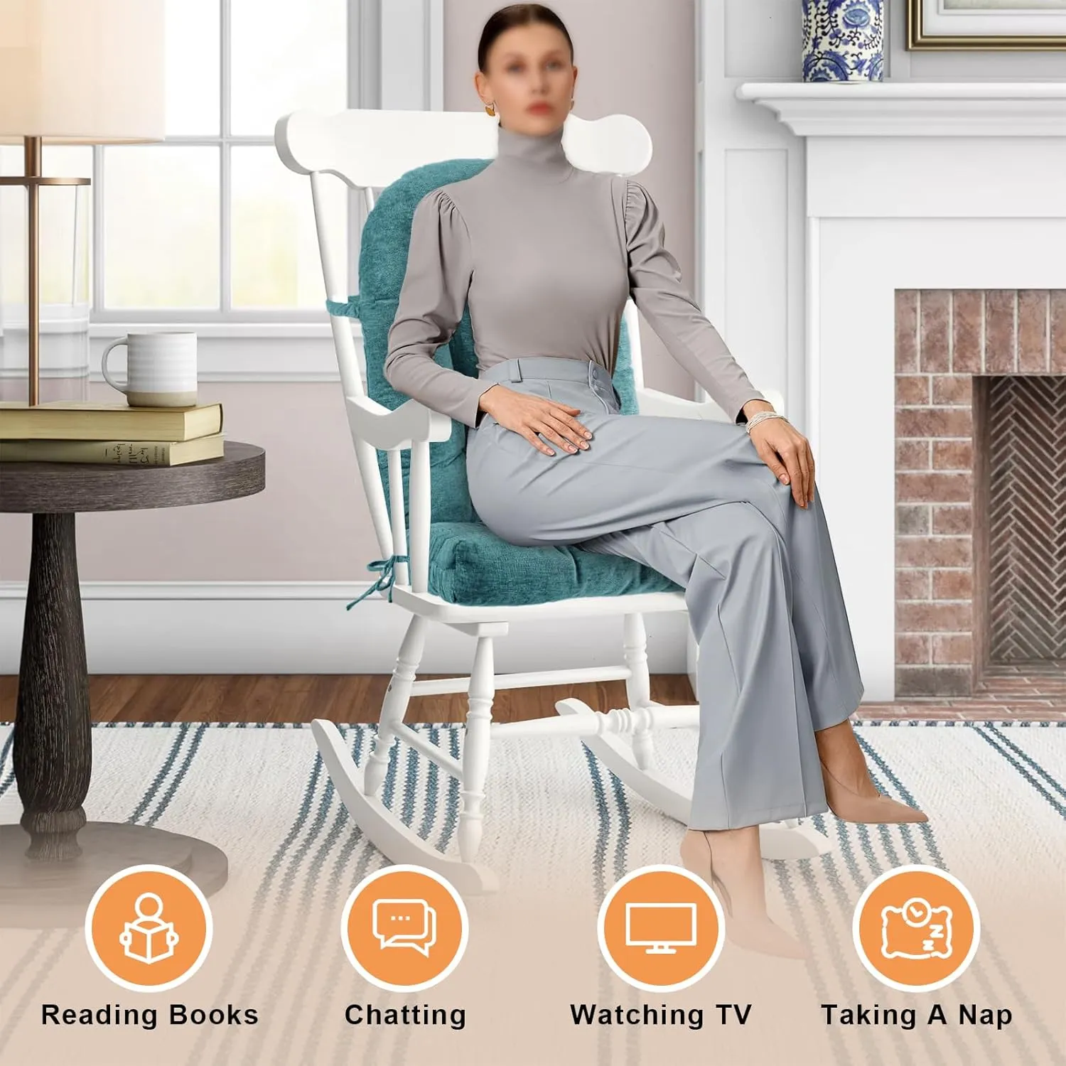 Rocking Chair Cushion - Chenille Fabric, High-Density Sponge, Durable Comfort Non-Slip Bottom Tufted Seat Pads with Ties, Chenille︱Blue, 44x19x4 inch