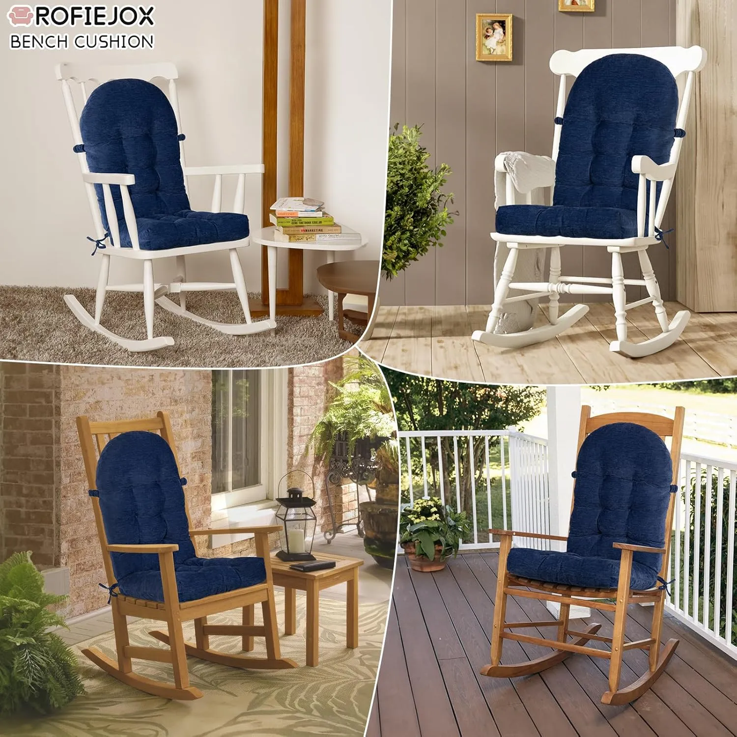Rocking Chair Cushion - Chenille Fabric, High-Density Sponge, Durable Comfort Non-Slip Bottom Tufted Seat Pads with Ties, Chenille︱Dark Blue, 44x19x4 inch