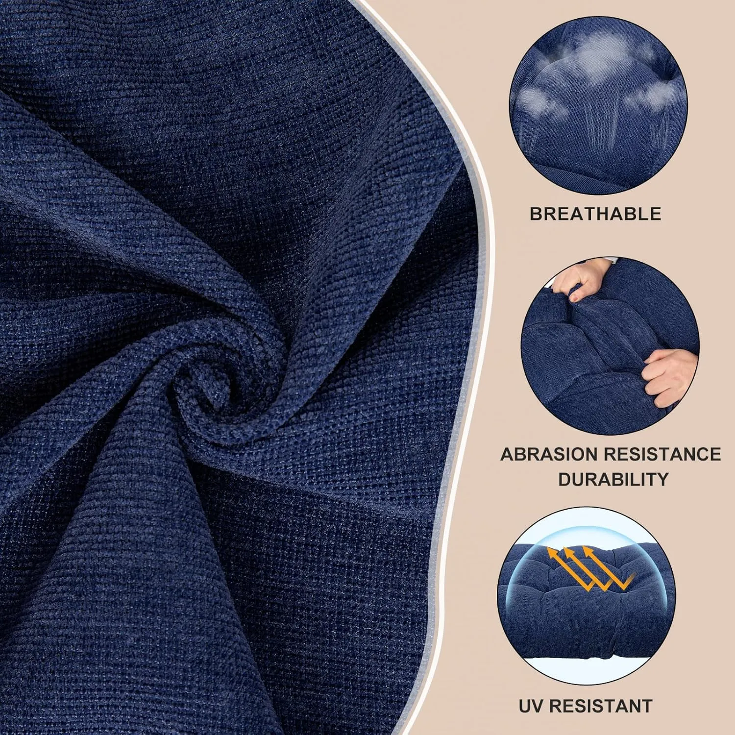 Rocking Chair Cushion - Chenille Fabric, High-Density Sponge, Durable Comfort Non-Slip Bottom Tufted Seat Pads with Ties, Chenille︱Dark Blue, 44x19x4 inch