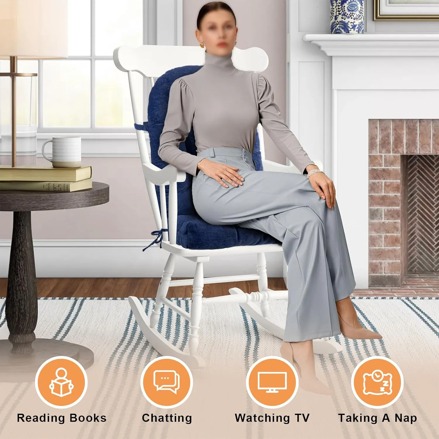 Rocking Chair Cushion - Chenille Fabric, High-Density Sponge, Durable Comfort Non-Slip Bottom Tufted Seat Pads with Ties, Chenille︱Dark Blue, 44x19x4 inch