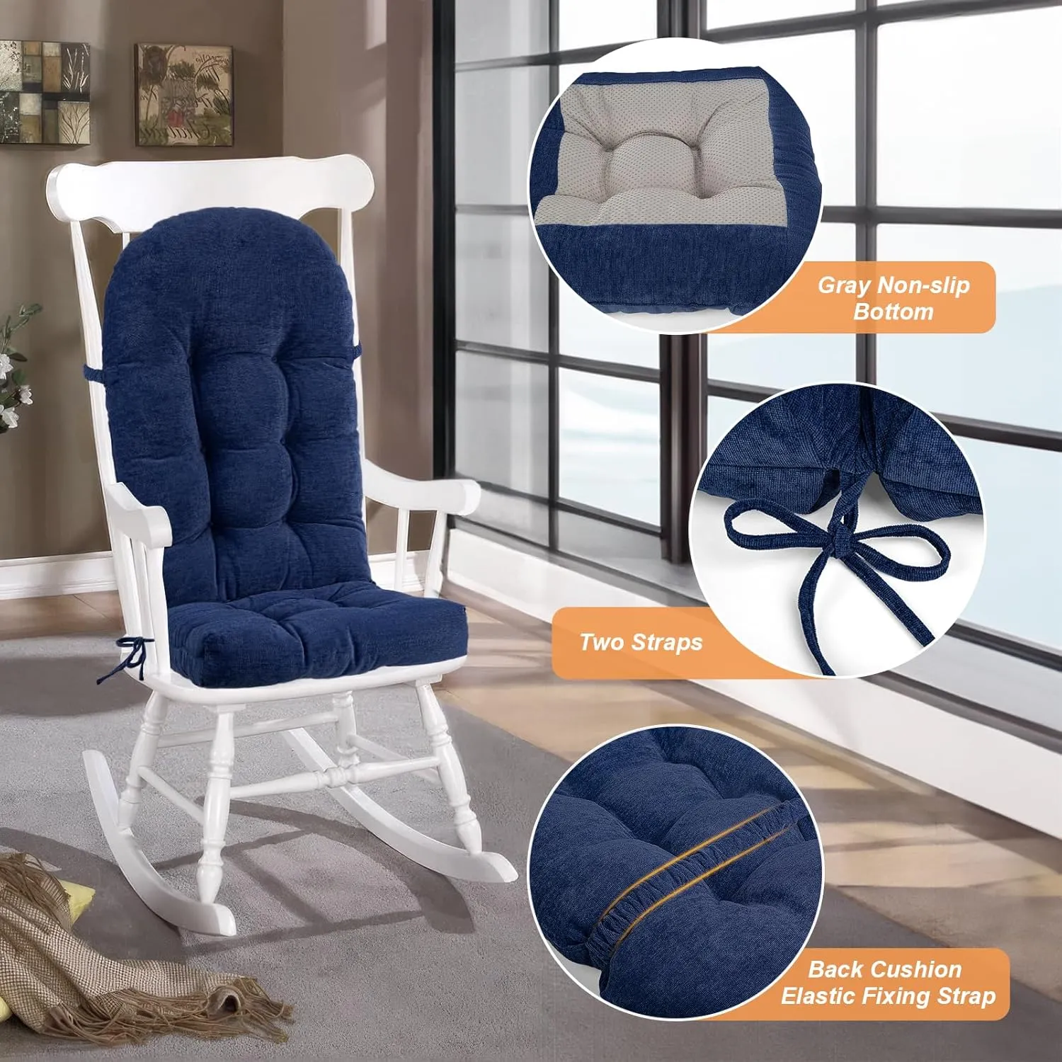 Rocking Chair Cushion - Chenille Fabric, High-Density Sponge, Durable Comfort Non-Slip Bottom Tufted Seat Pads with Ties, Chenille︱Dark Blue, 44x19x4 inch
