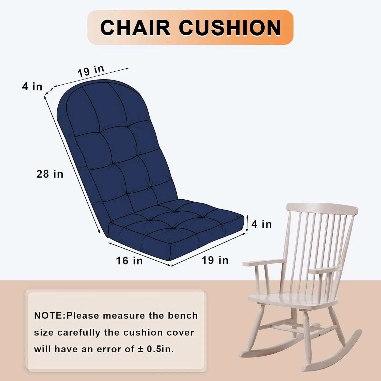 Rocking Chair Cushion - Chenille Fabric, High-Density Sponge, Durable Comfort Non-Slip Bottom Tufted Seat Pads with Ties, Chenille︱Dark Blue, 44x19x4 inch
