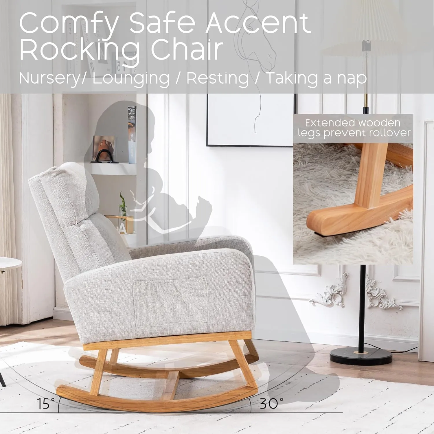 Rocking Chair Nursery - Glider Modern Accent Chairs Upholstered Linen Rocker Padded Armchair for Indoor Living Room Bedroom Light Gray