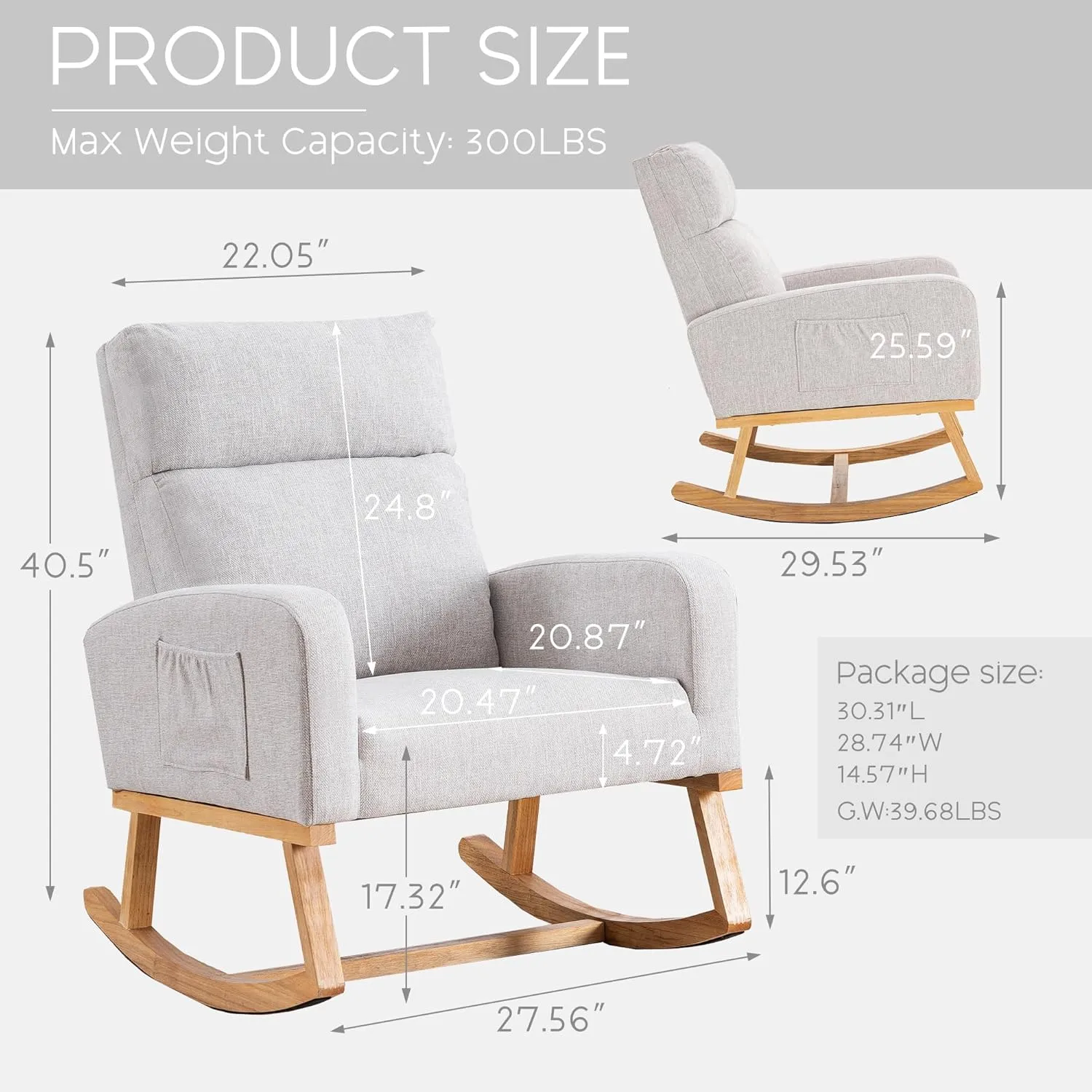 Rocking Chair Nursery - Glider Modern Accent Chairs Upholstered Linen Rocker Padded Armchair for Indoor Living Room Bedroom Light Gray