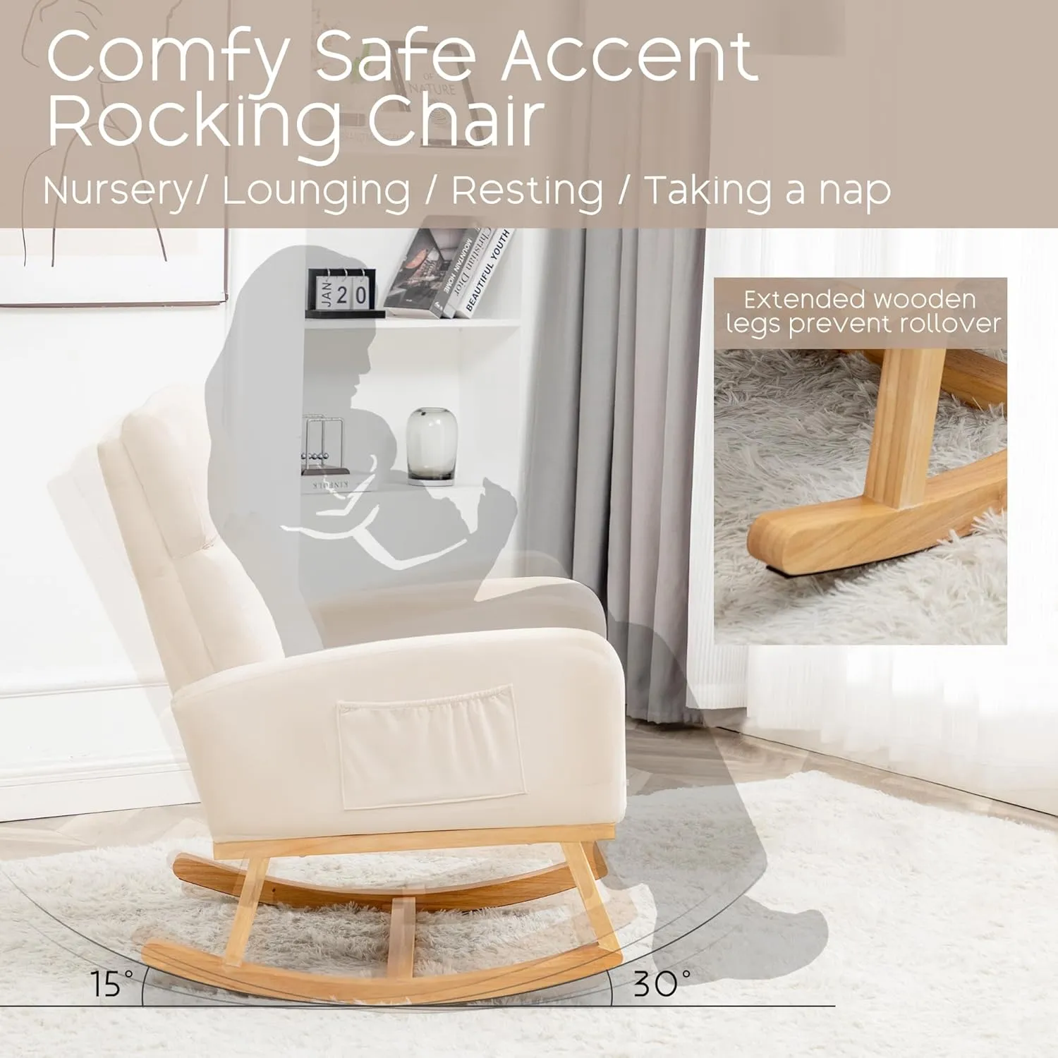 Rocking Chair Nursery - Glider Modern Accent Chairs Upholstered Velvet Nursing Rocker Padded Armchair for Indoor Living Room Bedroom Beige