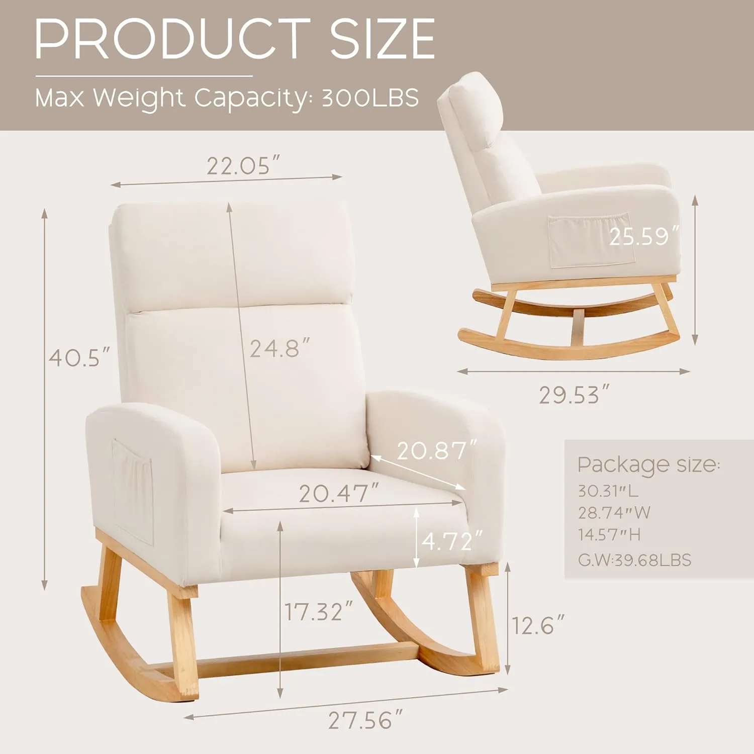 Rocking Chair Nursery - Glider Modern Accent Chairs Upholstered Velvet Nursing Rocker Padded Armchair for Indoor Living Room Bedroom Beige