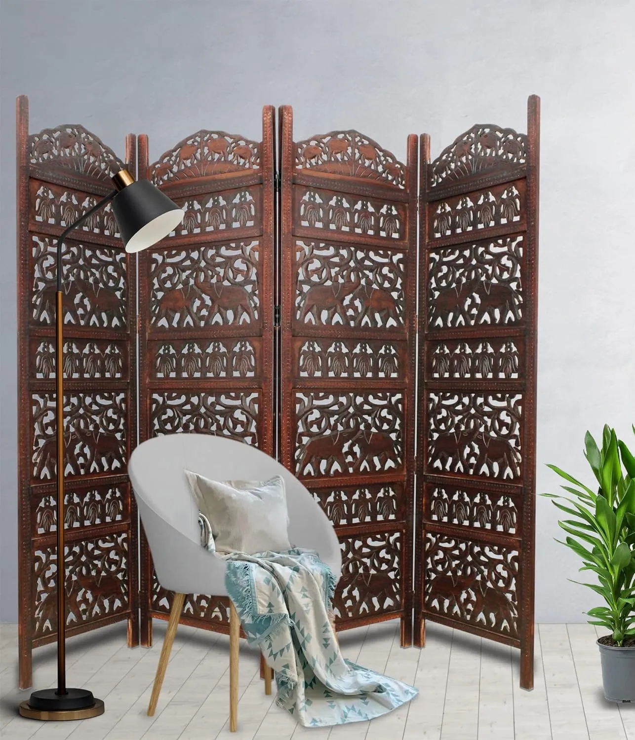 Room Divider Wood Screen - Elephant Hathi Walnut Brown - 4 Panel Fording 72x80 - Intricate Carved Room Décor Boho Portable Partition Privacy Screen Small Spaces Reversible Freestanding - COTTON CRAFT