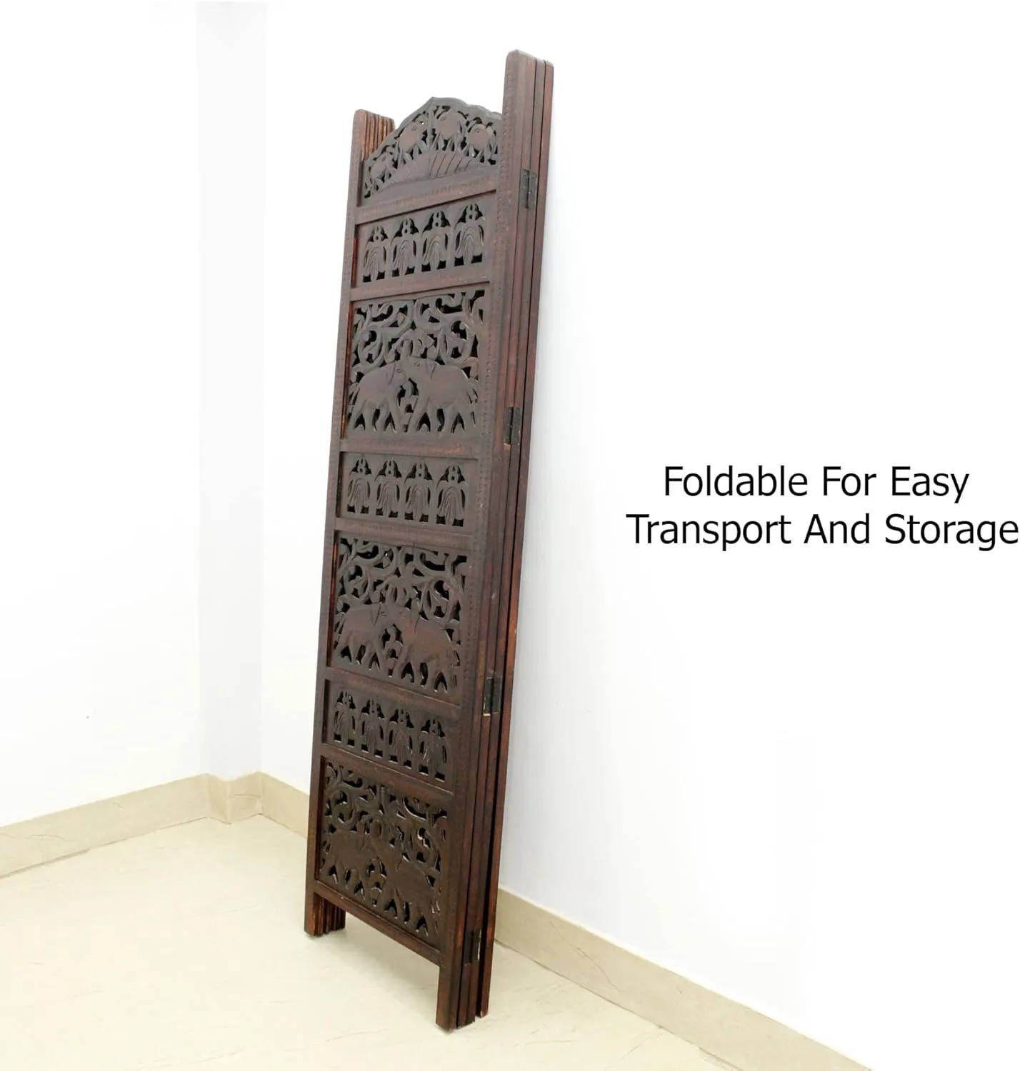 Room Divider Wood Screen - Elephant Hathi Walnut Brown - 4 Panel Fording 72x80 - Intricate Carved Room Décor Boho Portable Partition Privacy Screen Small Spaces Reversible Freestanding - COTTON CRAFT