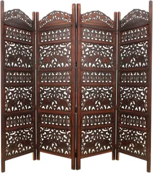Room Divider Wood Screen - Elephant Hathi Walnut Brown - 4 Panel Fording 72x80 - Intricate Carved Room Décor Boho Portable Partition Privacy Screen Small Spaces Reversible Freestanding - COTTON CRAFT