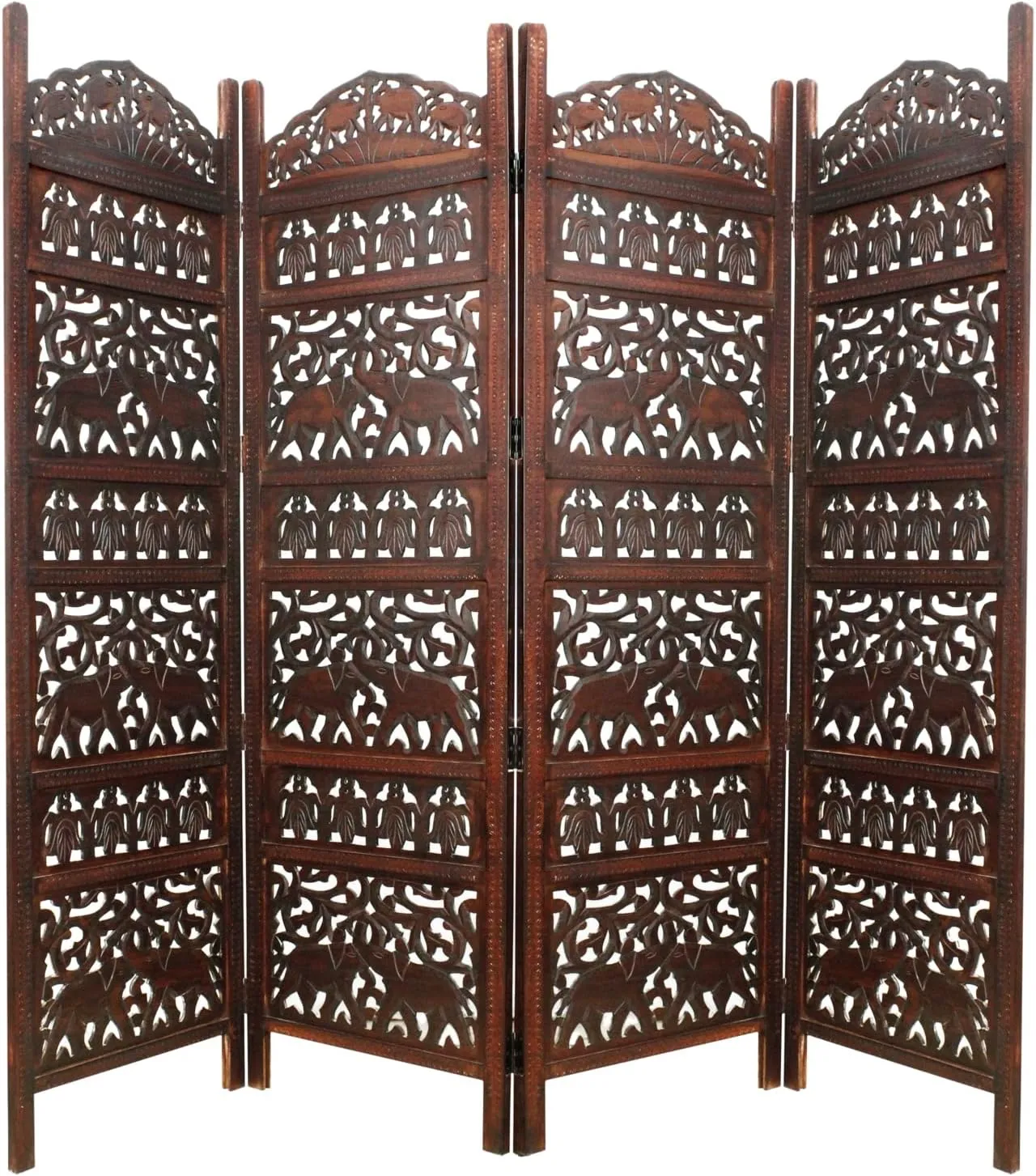 Room Divider Wood Screen - Elephant Hathi Walnut Brown - 4 Panel Fording 72x80 - Intricate Carved Room Décor Boho Portable Partition Privacy Screen Small Spaces Reversible Freestanding - COTTON CRAFT
