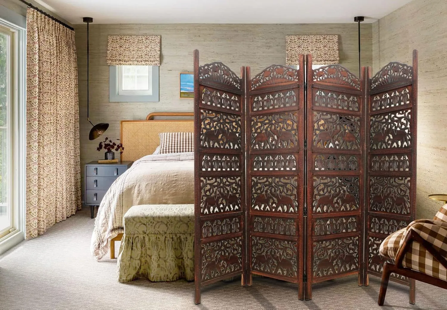 Room Divider Wood Screen - Elephant Hathi Walnut Brown - 4 Panel Fording 72x80 - Intricate Carved Room Décor Boho Portable Partition Privacy Screen Small Spaces Reversible Freestanding - COTTON CRAFT