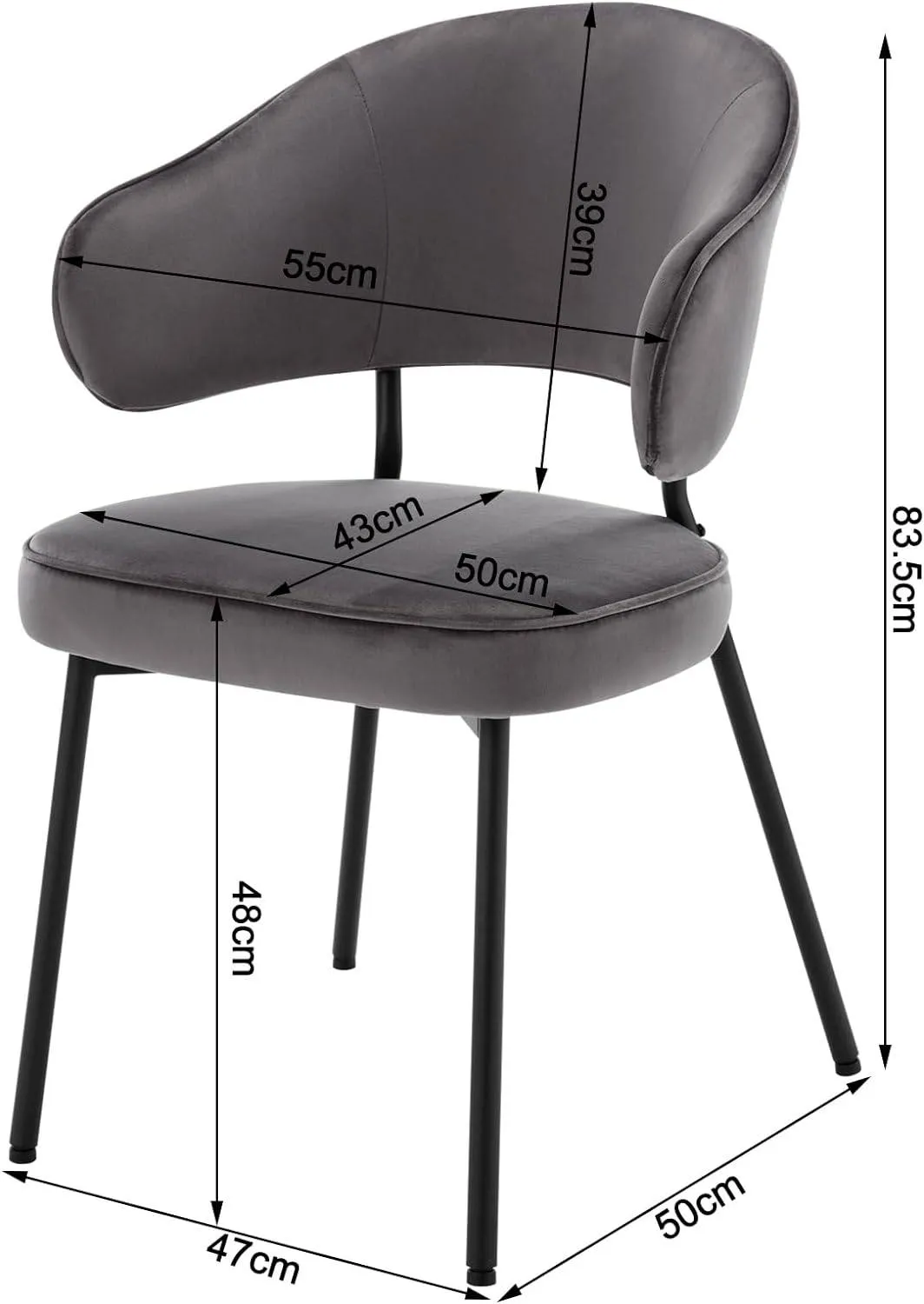 Rootz Dining Chair - Kitchen Chair - Velvet Seat - Metal Frame - 54cm x 83.5cm 52cm - Ergonomic Backrest - Stylish Armrests - 120kg Capacity