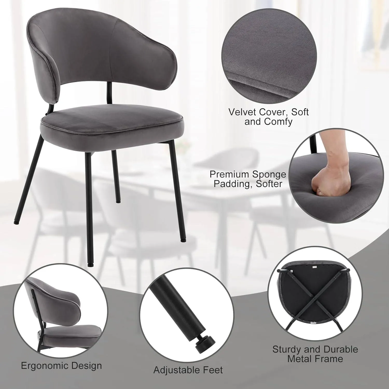 Rootz Dining Chair - Kitchen Chair - Velvet Seat - Metal Frame - 54cm x 83.5cm 52cm - Ergonomic Backrest - Stylish Armrests - 120kg Capacity