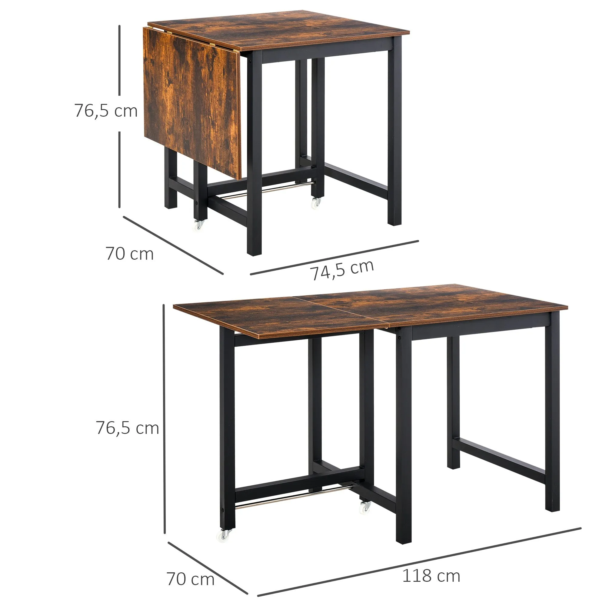 Rootz Folding Dining Table - Industrial Table - Space Saving Table - Expands Easily - 118cm x 70cm x 76.5cm