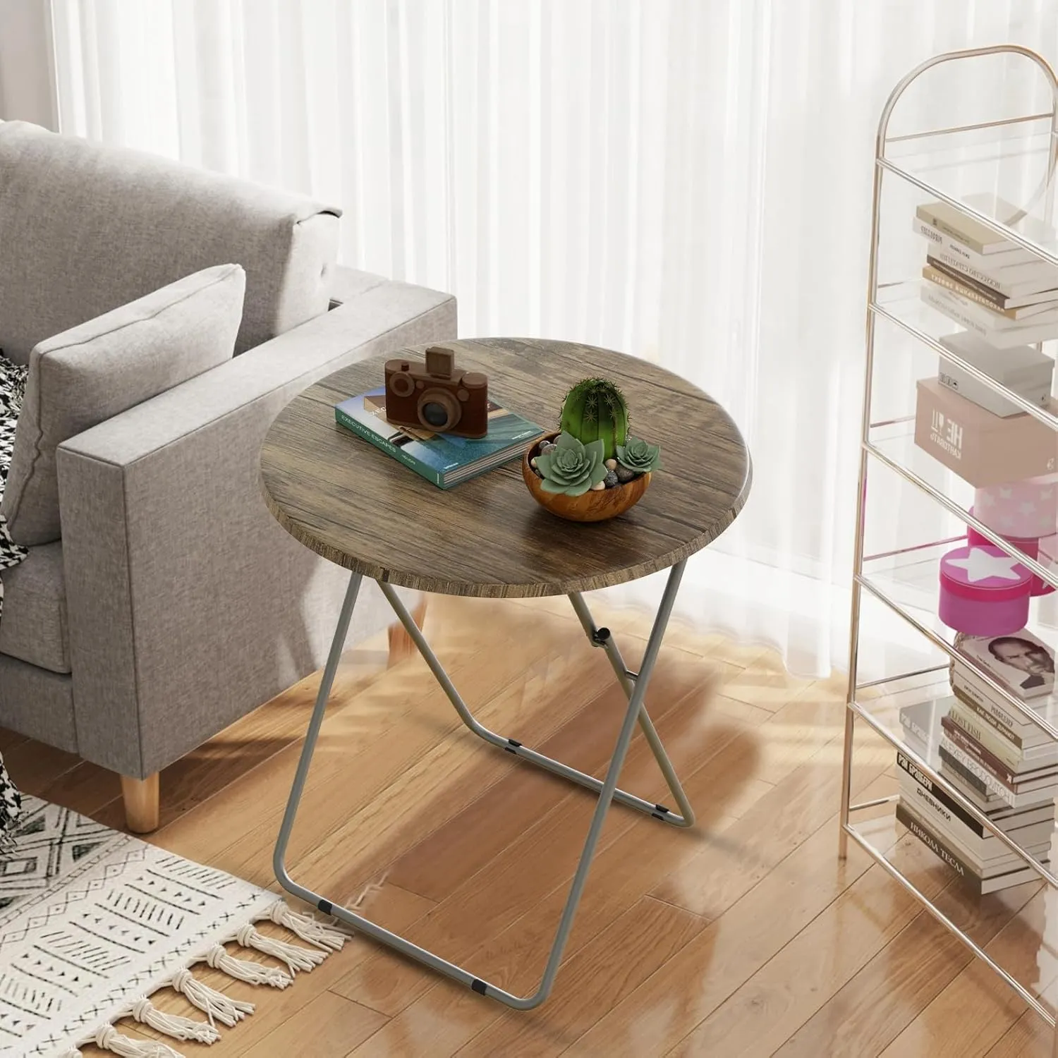 Round Folding TV Tray Table TV Dinner Tray with Sturdy MDF,No Assembly Required 17.5 x 17.5 x 26 in(3D)