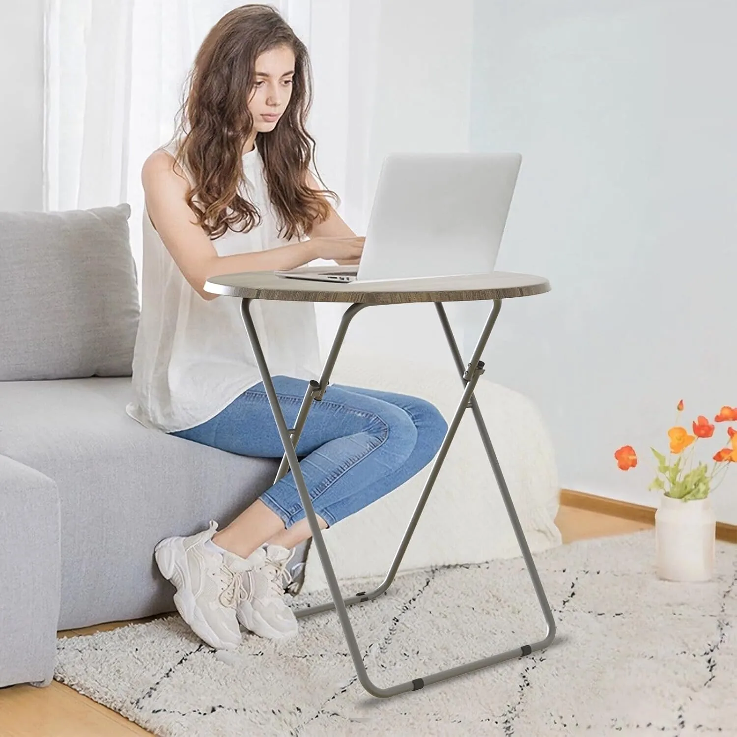 Round Folding TV Tray Table TV Dinner Tray with Sturdy MDF,No Assembly Required 17.5 x 17.5 x 26 in(3D)