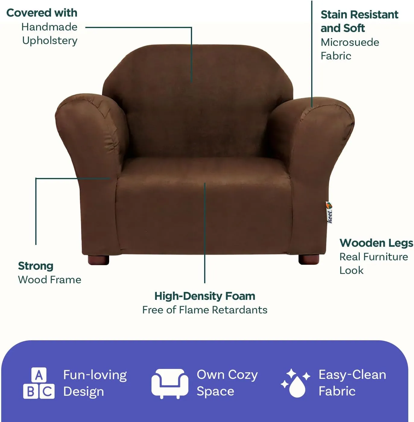 Roundy Toddler Armchair with Soft Microsuede Upholstery Durable Wooden Frame, Ergonomic Design, Fully Assembled, Comfortable Kids Chair for Ages 2-5, Ideal for Bedroom, Playroom & Daycare Use.