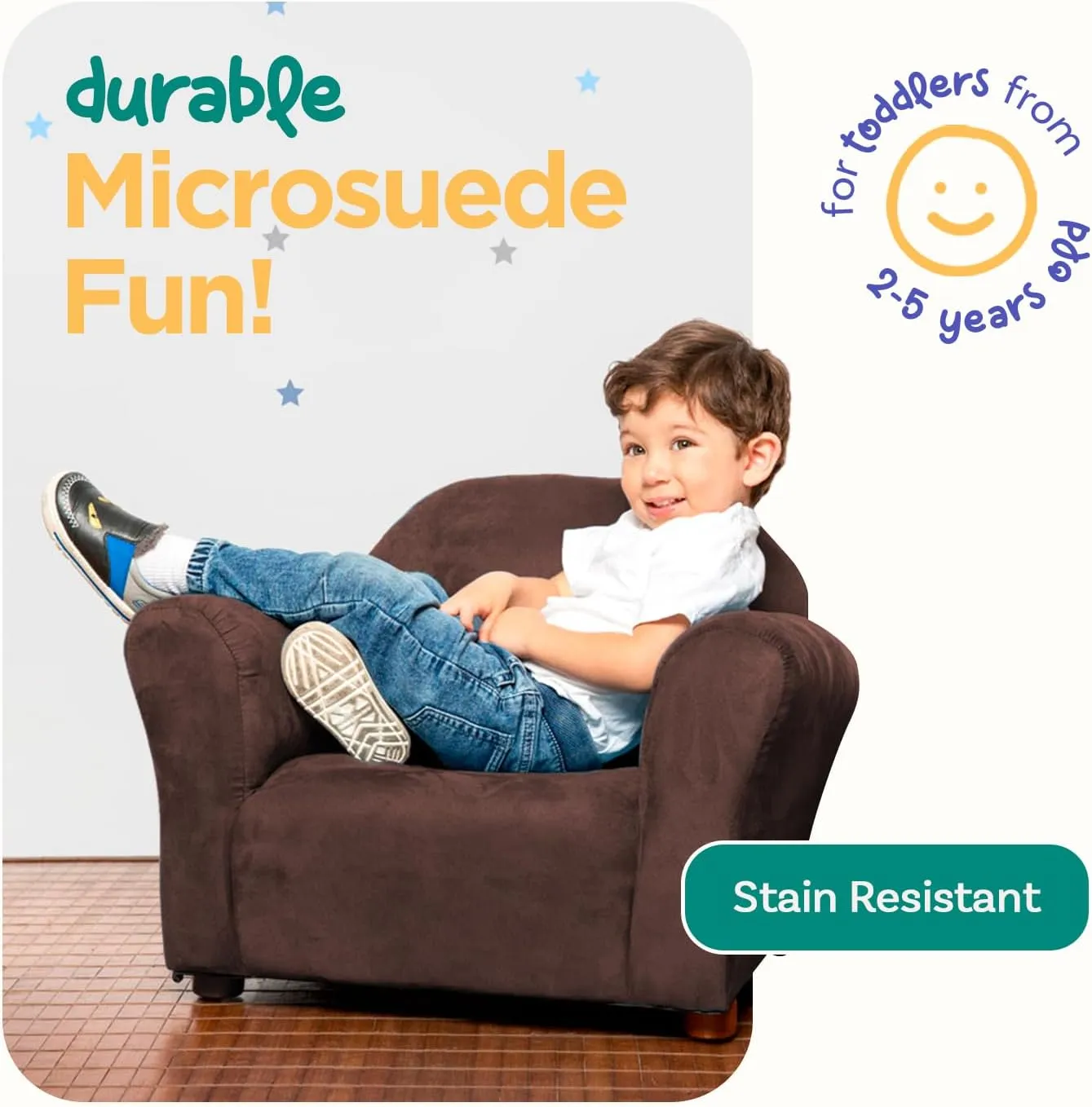 Roundy Toddler Armchair with Soft Microsuede Upholstery Durable Wooden Frame, Ergonomic Design, Fully Assembled, Comfortable Kids Chair for Ages 2-5, Ideal for Bedroom, Playroom & Daycare Use.