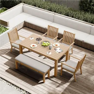 RoyalCraft Aluminum 6 Pieces Patio Dining Sets, Outdoor Dining Table with 4 Chairs and Bench, Outdoor Patio Dining Furniture Set with Removable Cushion for Lawn, Garden, Backyard, Brown
