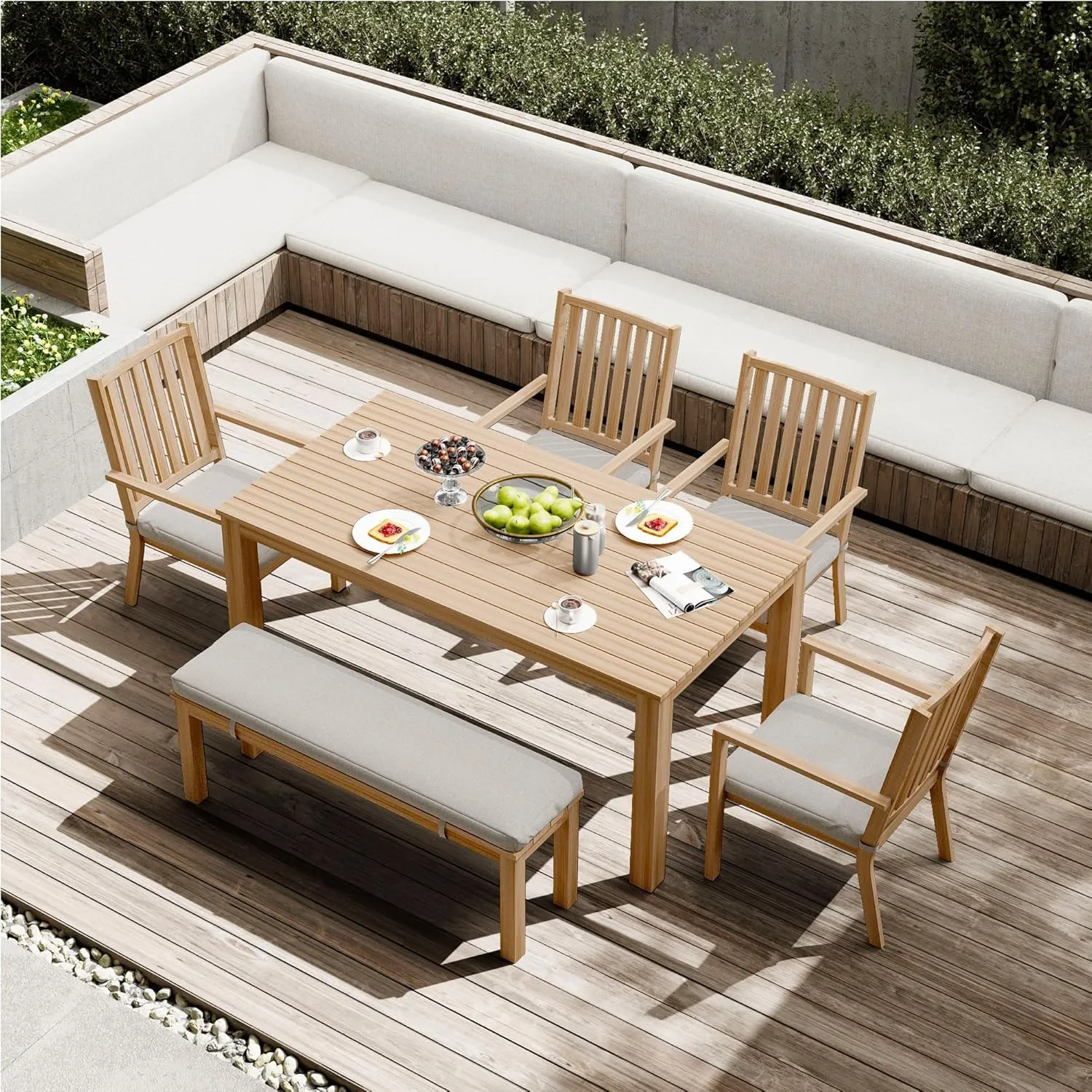 RoyalCraft Aluminum 6 Pieces Patio Dining Sets, Outdoor Dining Table with 4 Chairs and Bench, Outdoor Patio Dining Furniture Set with Removable Cushion for Lawn, Garden, Backyard, Brown