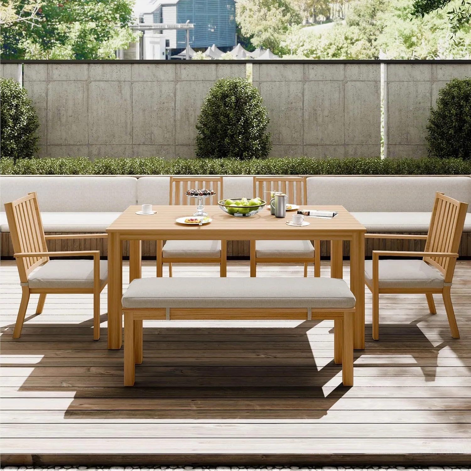 RoyalCraft Aluminum 6 Pieces Patio Dining Sets, Outdoor Dining Table with 4 Chairs and Bench, Outdoor Patio Dining Furniture Set with Removable Cushion for Lawn, Garden, Backyard, Brown
