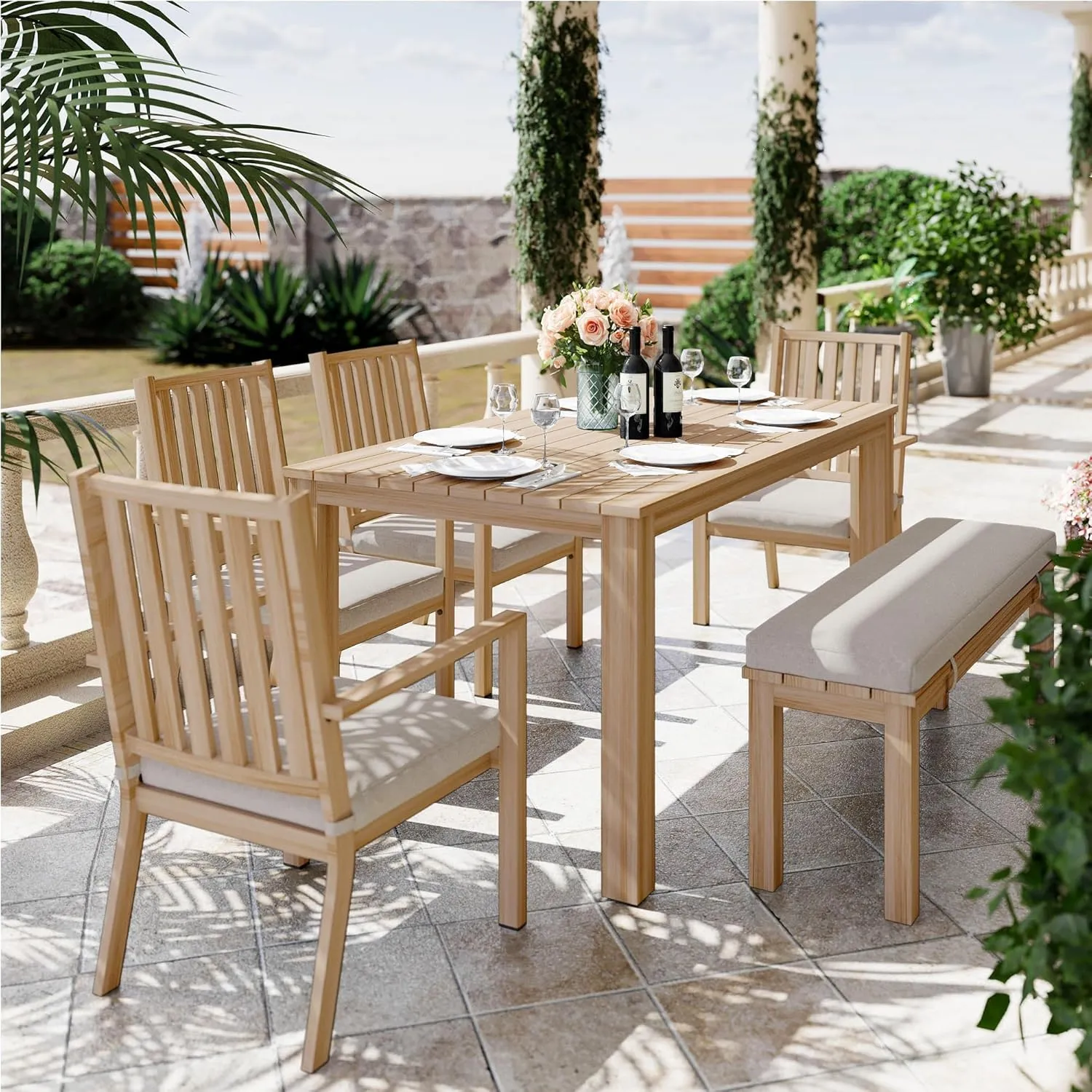 RoyalCraft Aluminum 6 Pieces Patio Dining Sets, Outdoor Dining Table with 4 Chairs and Bench, Outdoor Patio Dining Furniture Set with Removable Cushion for Lawn, Garden, Backyard, Brown