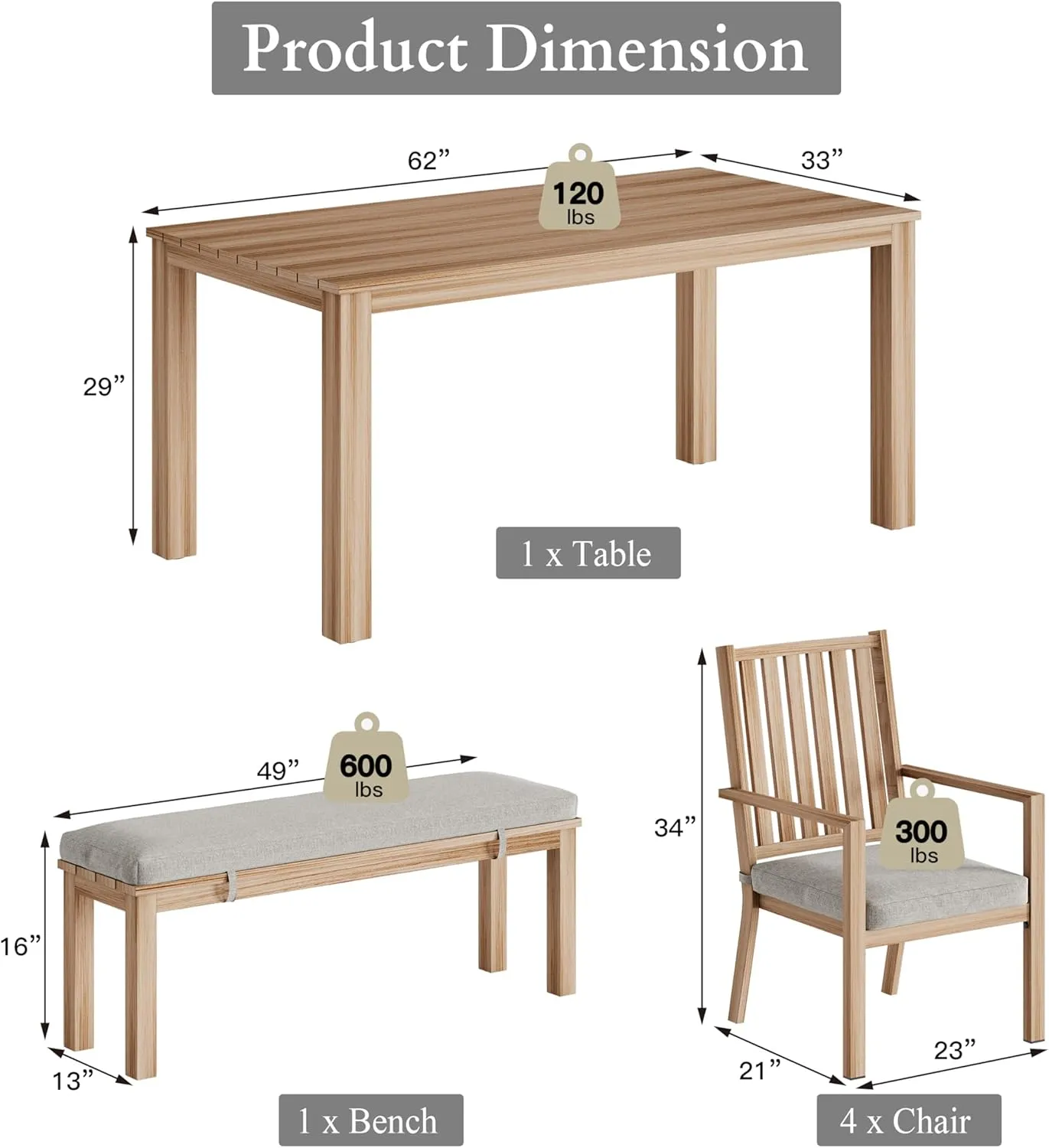 RoyalCraft Aluminum 6 Pieces Patio Dining Sets, Outdoor Dining Table with 4 Chairs and Bench, Outdoor Patio Dining Furniture Set with Removable Cushion for Lawn, Garden, Backyard, Brown