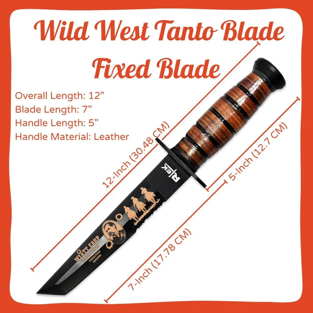 Rtek 12" Wild West Tanto Blade Fixed Blade Knife with Sheath Bowie Knife for Camping, Hiking (WE)