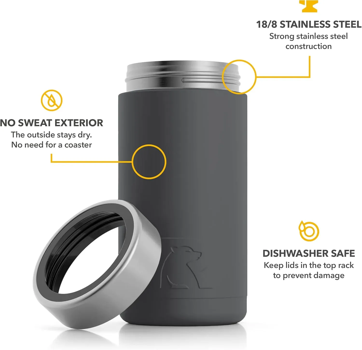 RTIC Craft Can Cooler Insulated, Drink, Beverage, Bottle, Soda Can Cooler with Lid, Stainless Steel Metal, Double Wall Insulation Coozie for Cans, Sweat Proof, 16 oz, Charcoal