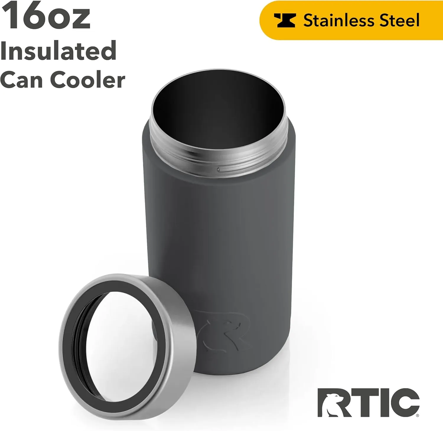 RTIC Craft Can Cooler Insulated, Drink, Beverage, Bottle, Soda Can Cooler with Lid, Stainless Steel Metal, Double Wall Insulation Coozie for Cans, Sweat Proof, 16 oz, Charcoal