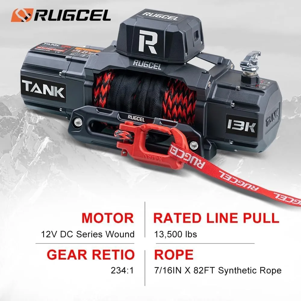 RUGCEL 13500lb New Waterproof Electric Synthetic Rope Winch 12V with Hawse Fairlead,2 in 1 Wireless remote control, wired control,Double color rope,for Truck SUV