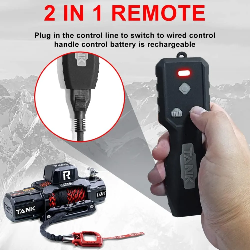 RUGCEL 13500lb New Waterproof Electric Synthetic Rope Winch 12V with Hawse Fairlead,2 in 1 Wireless remote control, wired control,Double color rope,for Truck SUV