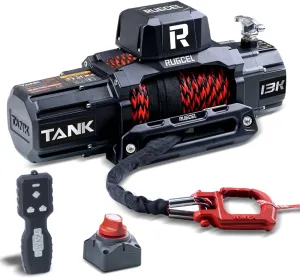 RUGCEL 13500lb New Waterproof Electric Synthetic Rope Winch 12V with Hawse Fairlead,2 in 1 Wireless remote control, wired control,Double color rope,for Truck SUV