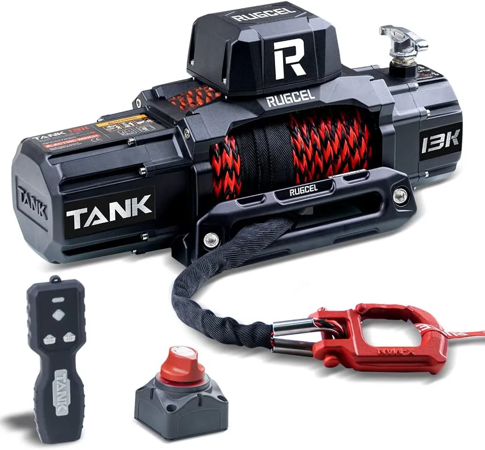 RUGCEL 13500lb New Waterproof Electric Synthetic Rope Winch 12V with Hawse Fairlead,2 in 1 Wireless remote control, wired control,Double color rope,for Truck SUV
