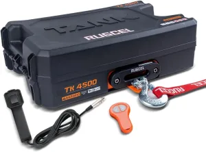RUGCEL WINCH 12V DC Electric Portable Utility Winch 4500lb/2041kg Single Line Pull with Steel Mounting Plate, Integrated Hawse Fairlead and Synthetic Rope,Wiress Remote, Black