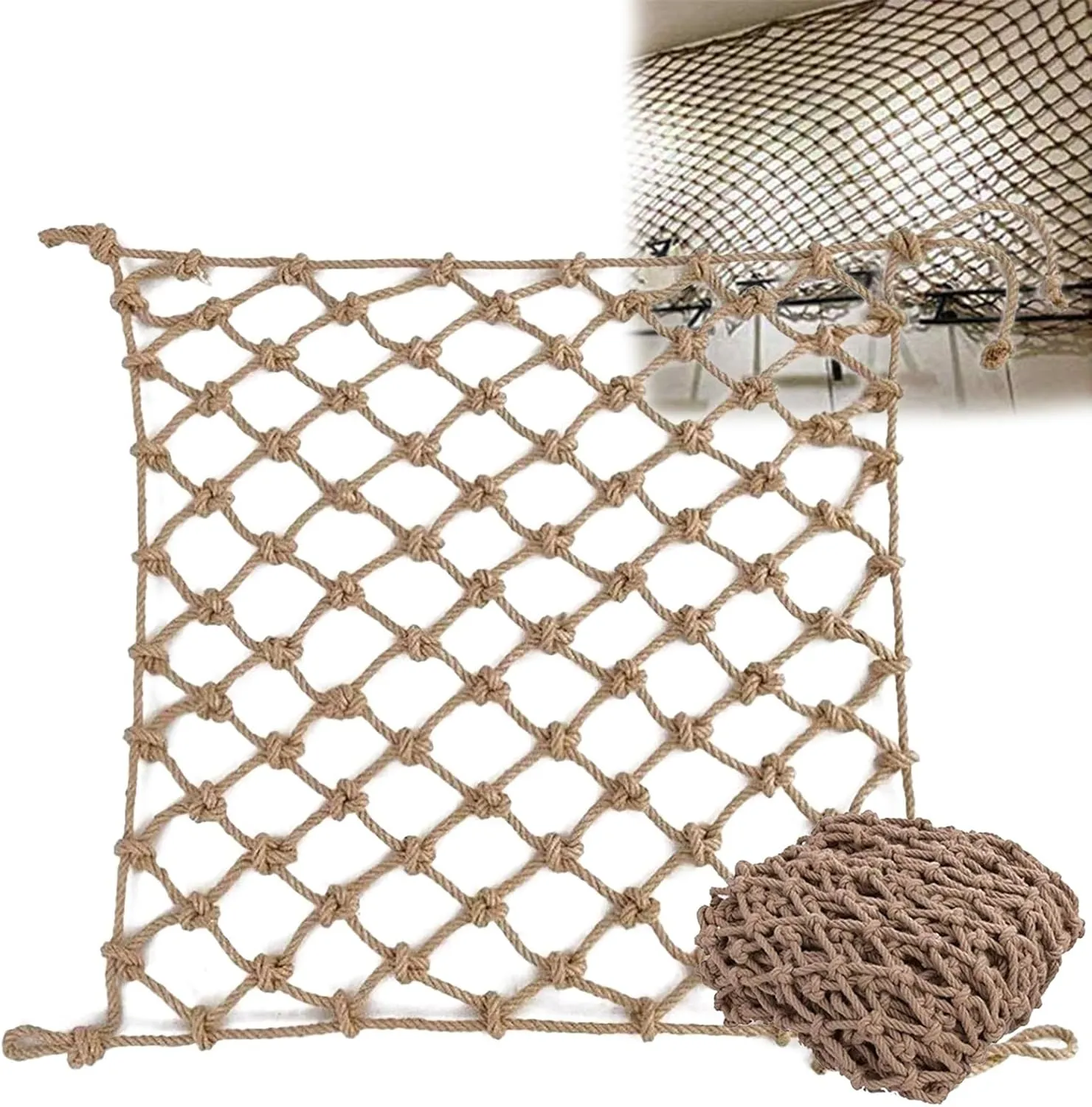 Safety Anti-Fall Fence Net, 13x16FT / 4x5(M) Wall Decorative Nets, Hemp Rope Netting, Garden Plant Growth Climbing Grid Indoor Balcony Stair Railing Network (Rope Dia 1cm)