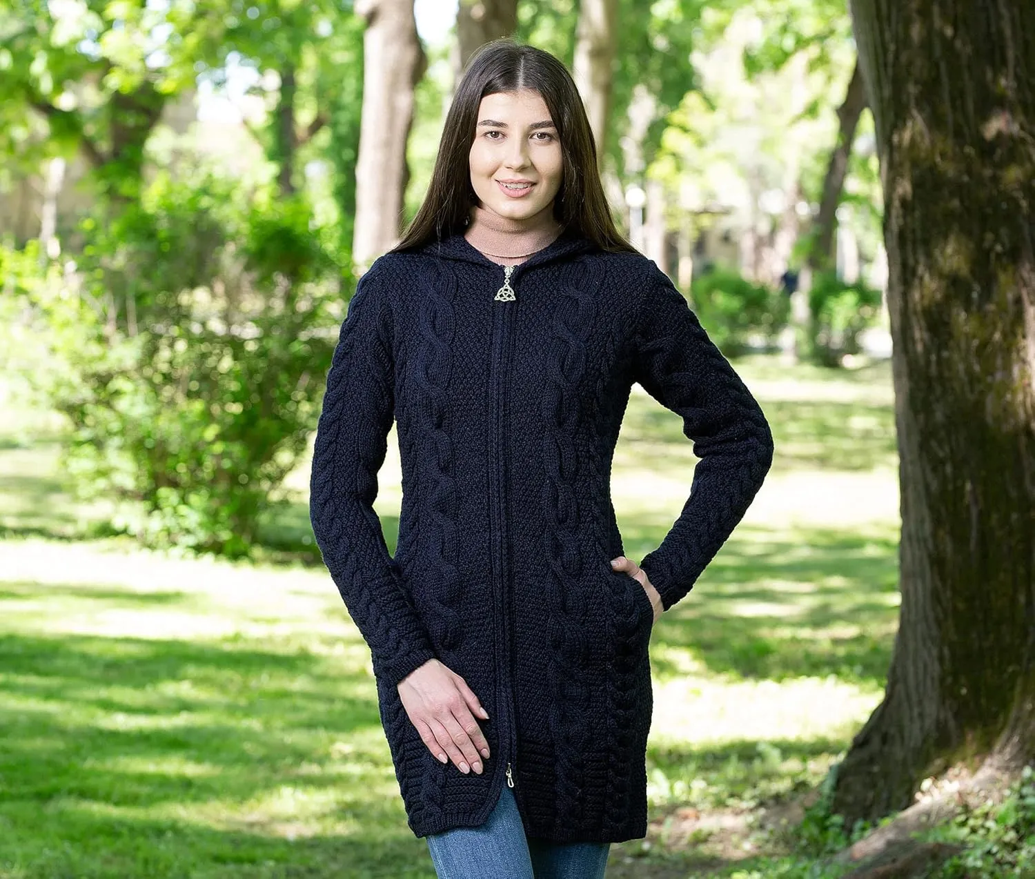 SAOL 100% Merino Wool Aran Cable Knit Hooded Zip Cardigan Irish Coat