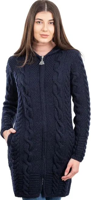 SAOL 100% Merino Wool Aran Cable Knit Hooded Zip Cardigan Irish Coat