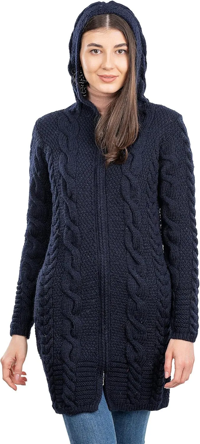 SAOL 100% Merino Wool Aran Cable Knit Hooded Zip Cardigan Irish Coat