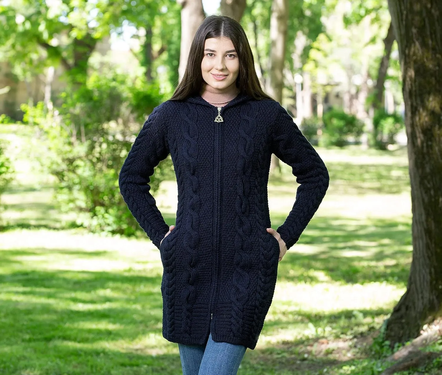 SAOL 100% Merino Wool Aran Cable Knit Hooded Zip Cardigan Irish Coat