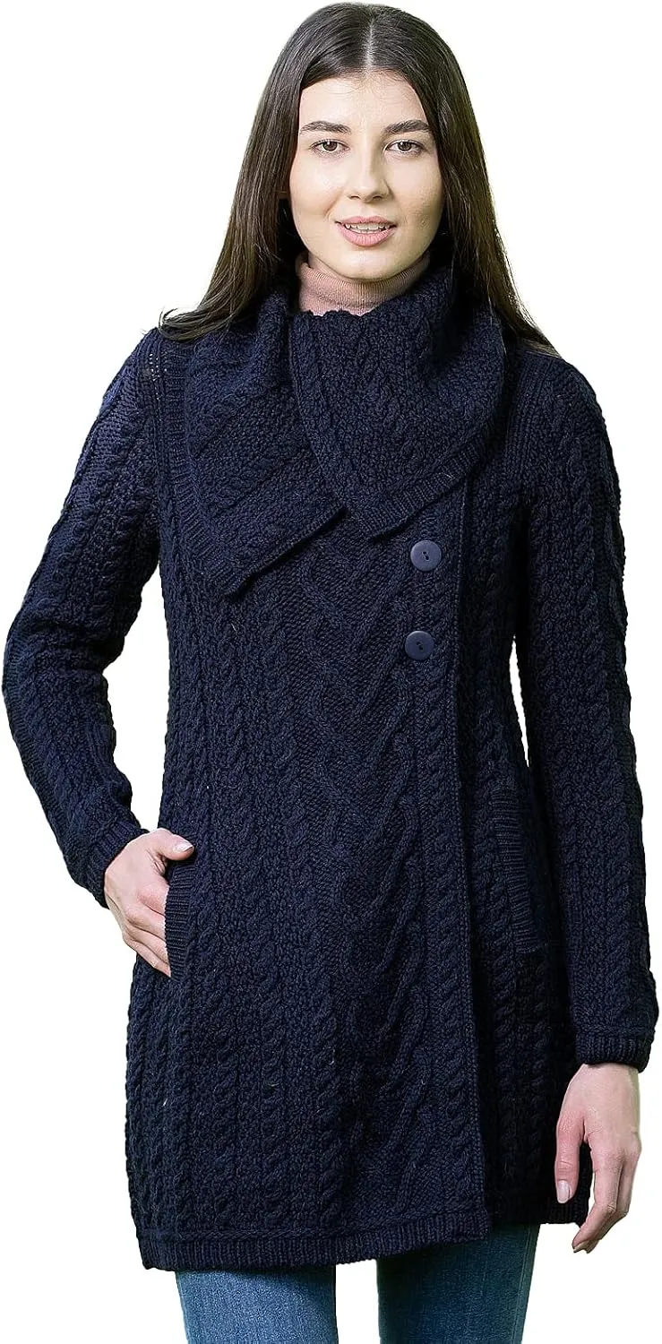 SAOL 100% Merino Wool Women Classic Cable Knit Cardigan Irish Coat with Pockets
