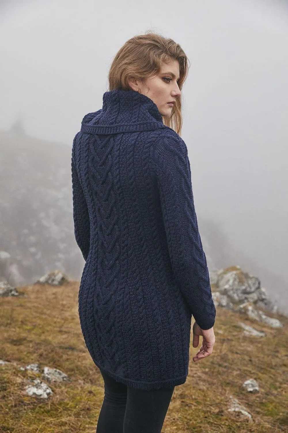 SAOL 100% Merino Wool Women Classic Cable Knit Cardigan Irish Coat with Pockets