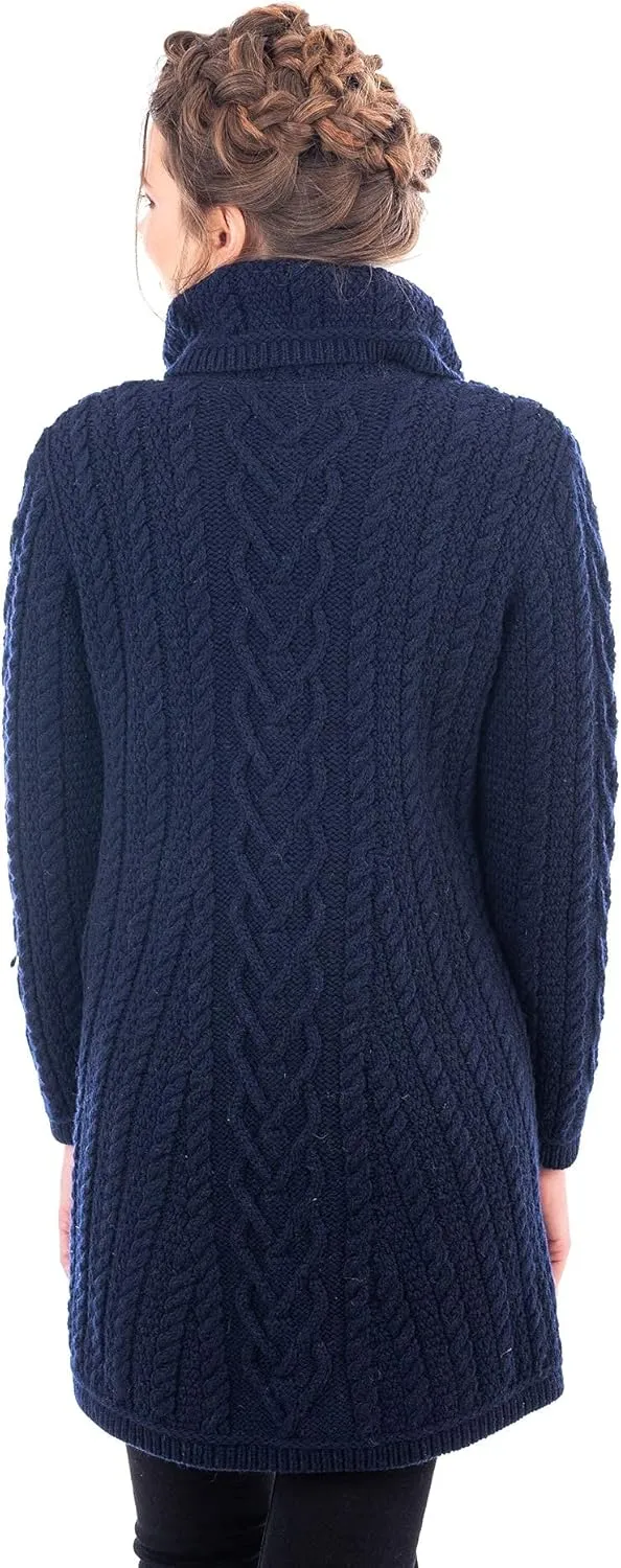 SAOL 100% Merino Wool Women Classic Cable Knit Cardigan Irish Coat with Pockets